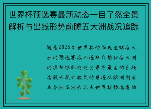 世界杯预选赛最新动态一目了然全景解析与出线形势前瞻五大洲战况追踪 世界杯预选赛最新动态一目了然全景解析与出线形势前瞻五大洲战况追踪