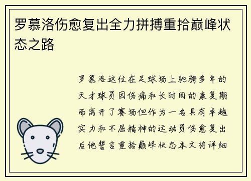 罗慕洛伤愈复出全力拼搏重拾巅峰状态之路